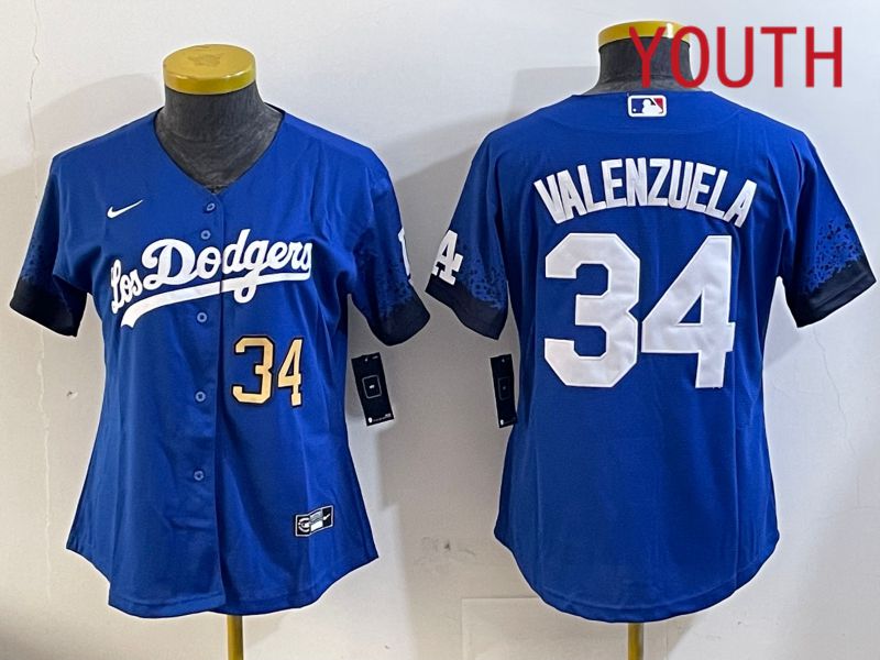 Youth  Los Angeles Dodgers #34 Valenzuela 2024 blue jersey 2024112006